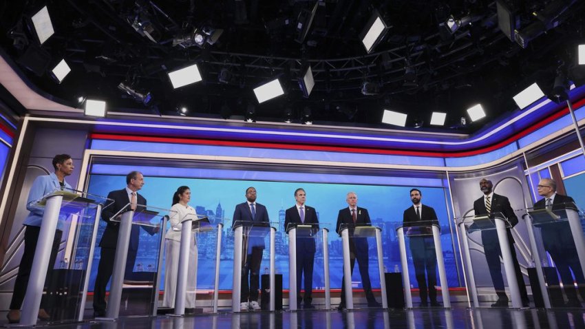 From left, Democratic mayoral candidates Adrienne Adams, Brad Lander, Jessica Ramos, Zellnor Myrie, Andrew Cuomo, Whitney Tilson, Zohran Mamdani, Michael Blake and Scott Stringer participate in a Democratic mayoral primary debate, Wednesday, June 4, 2025, in New York. (AP Photo/Yuki Iwamura, Pool)