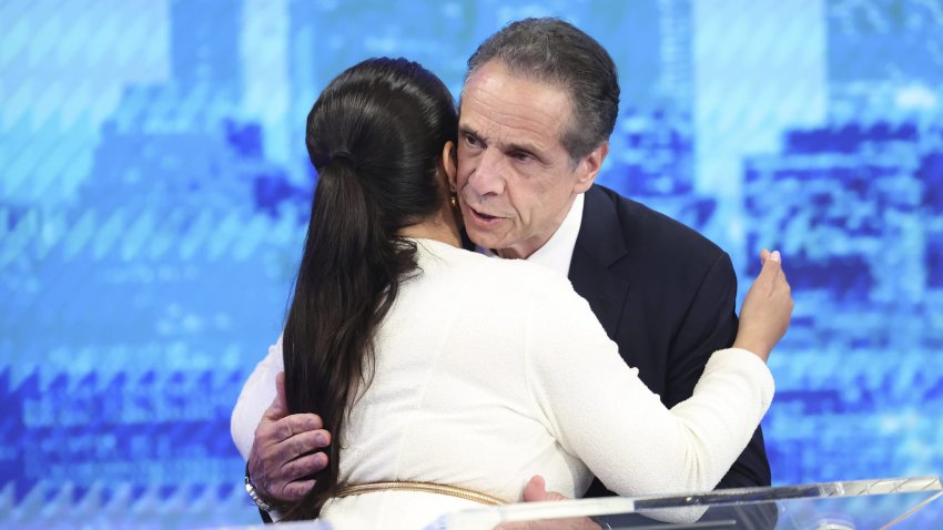 NEW YORK, NEW YORK - JUNE 4: Andrew Cuomo, right, greets Jessica Ramos before participating in the New York City Democratic Mayoral Primary Debate at NBC Studios on June 4, 2025 in New York City. Nine candidates are taking the stage for the first debate of the primary election for mayor. (Photo by Yuki Iwamura-Pool/Getty Images)